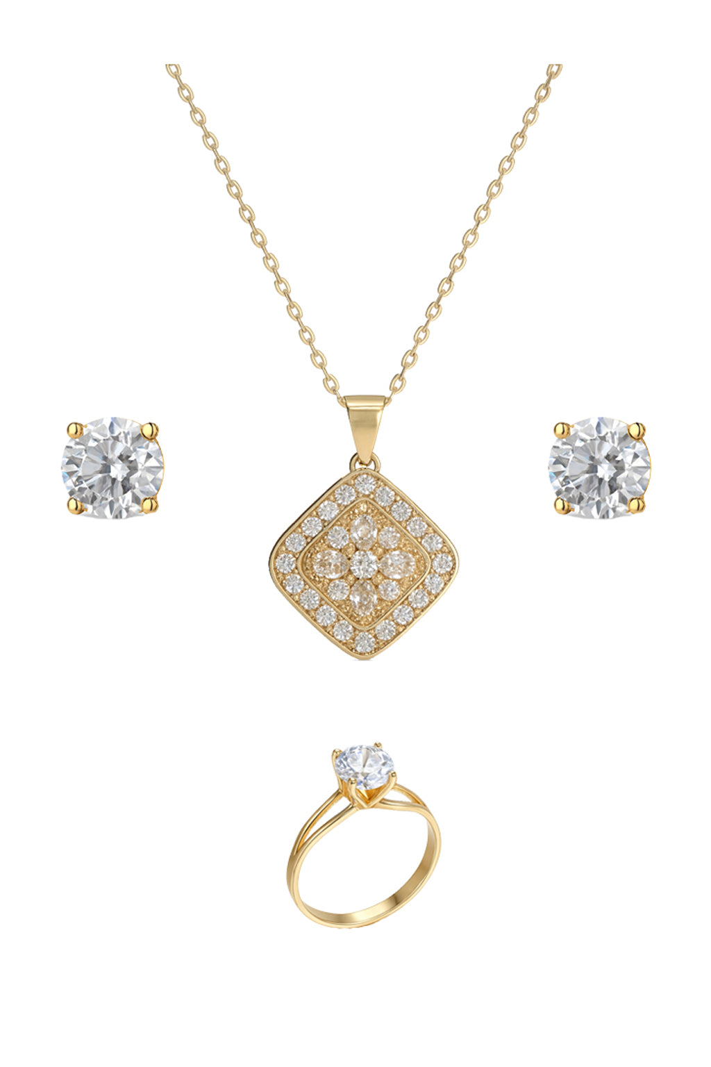 Jewello delicate gold-plated square design with shimmering American diamond stud pendant chain set for women and girls.