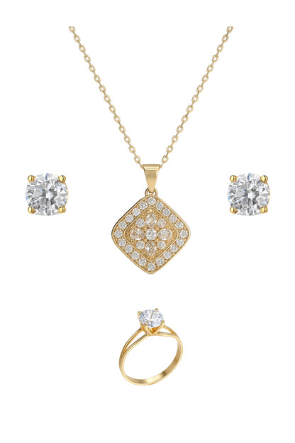 Jewello delicate gold-plated square design with shimmering American diamond stud pendant chain set for women and girls.