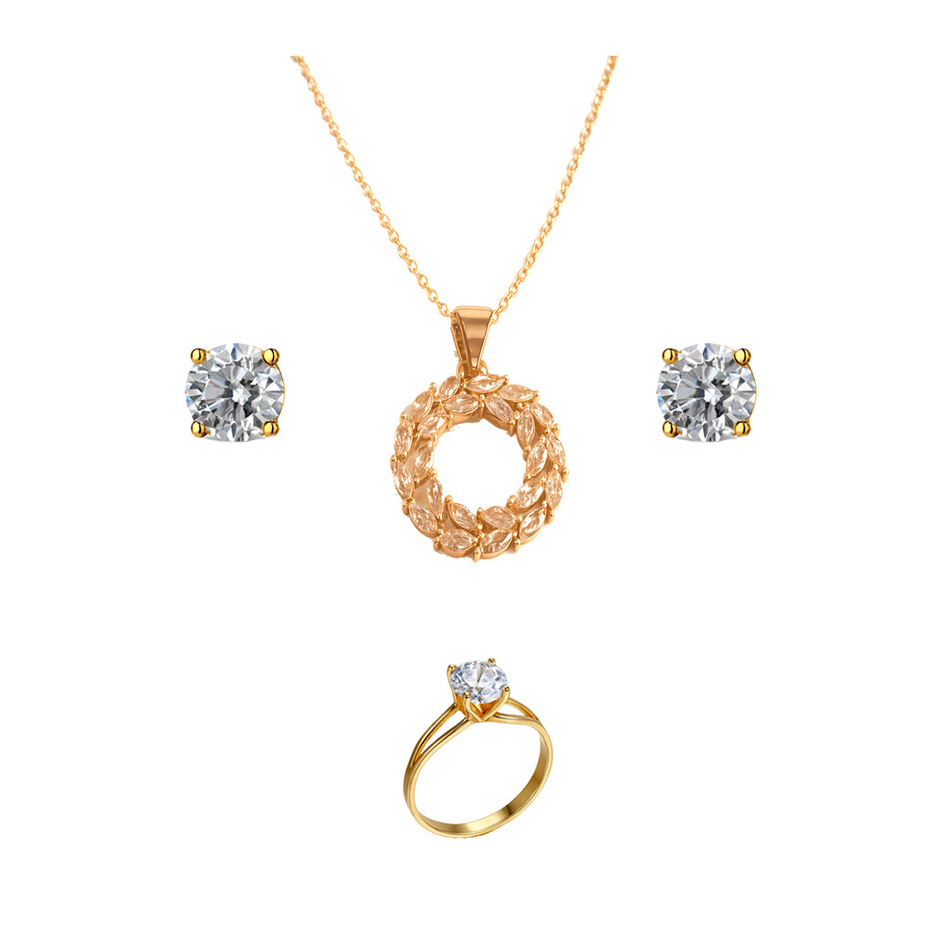 Jewello trendy gold plated with shimmering American diamond stud pendant chain set for women and girls.
