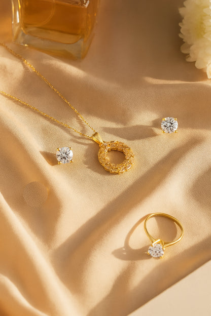 Jewello trendy gold plated with shimmering American diamond stud pendant chain set for women and girls.