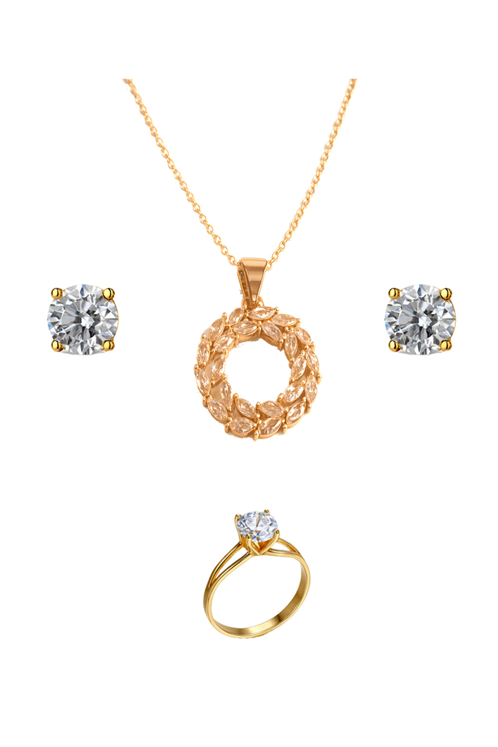 Jewello trendy gold plated with shimmering American diamond stud pendant chain set for women and girls.
