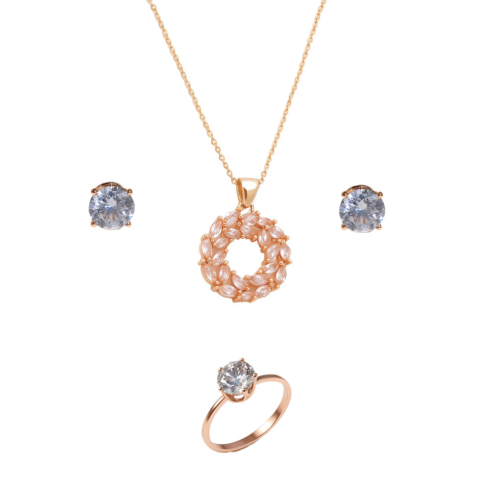 Jewello elegant rose gold plated with shimmering American diamond stud chain pendant set for women and girls.