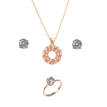 Jewello elegant rose gold plated with shimmering American diamond stud chain pendant set for women and girls.