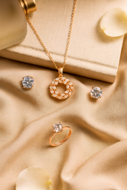 Jewello elegant rose gold plated with shimmering American diamond stud chain pendant set for women and girls.