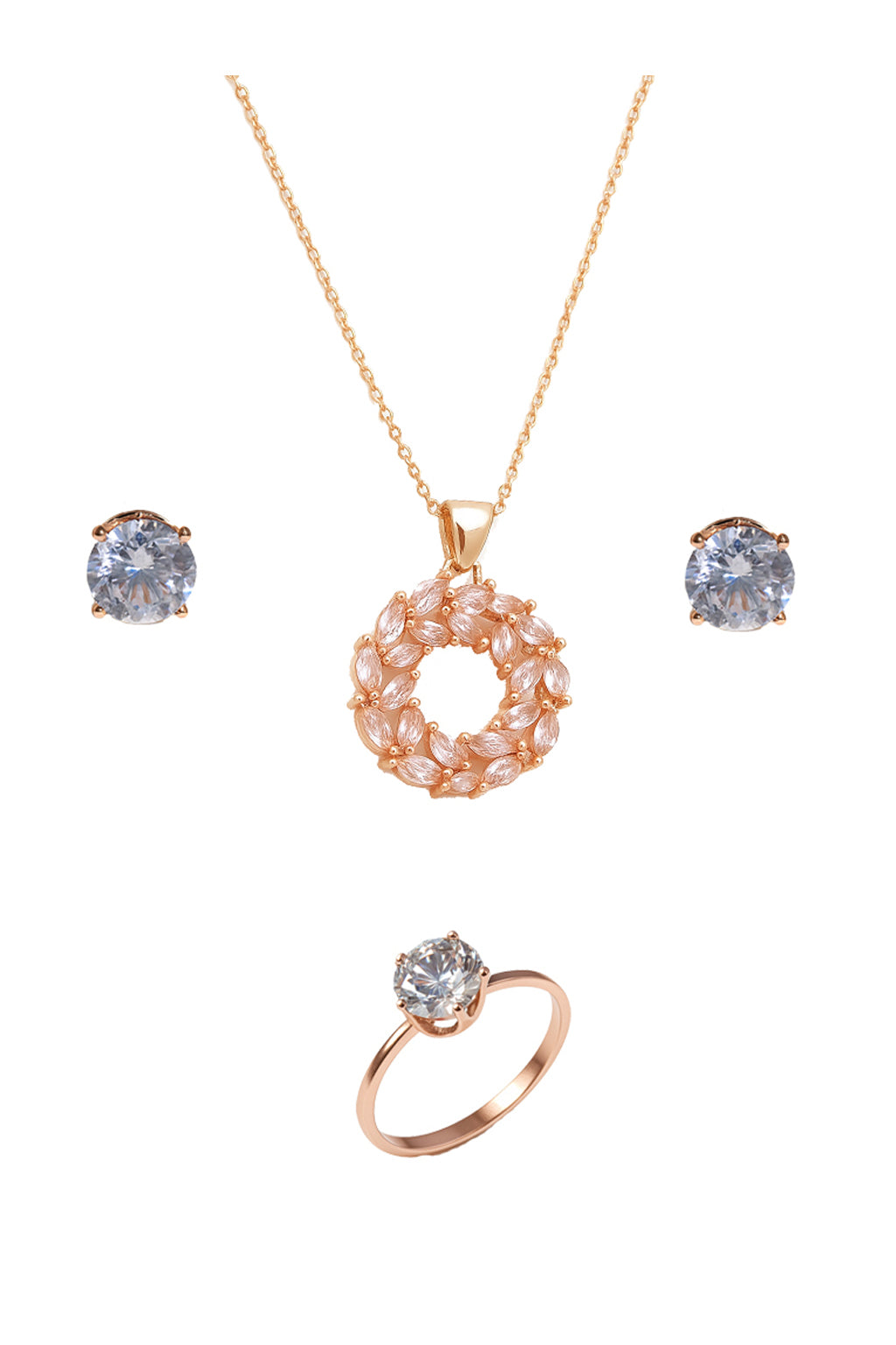 Jewello elegant rose gold plated with shimmering American diamond stud chain pendant set for women and girls.