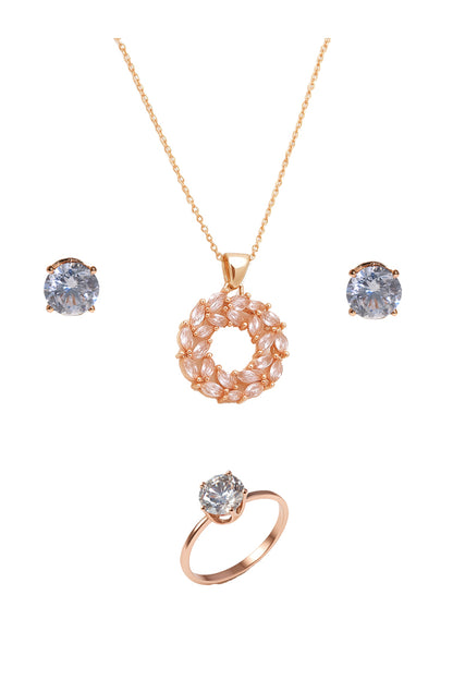 Jewello elegant rose gold plated with shimmering American diamond stud chain pendant set for women and girls.