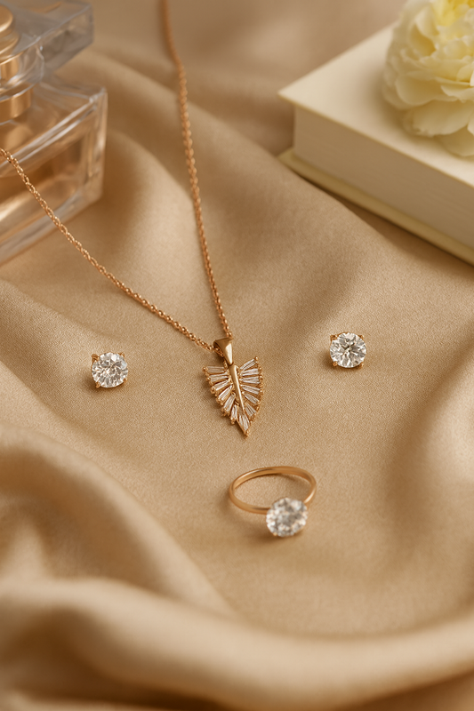 Jewello alluring rose gold plated with shimmering white stone stud chain pendant set for women and girls.