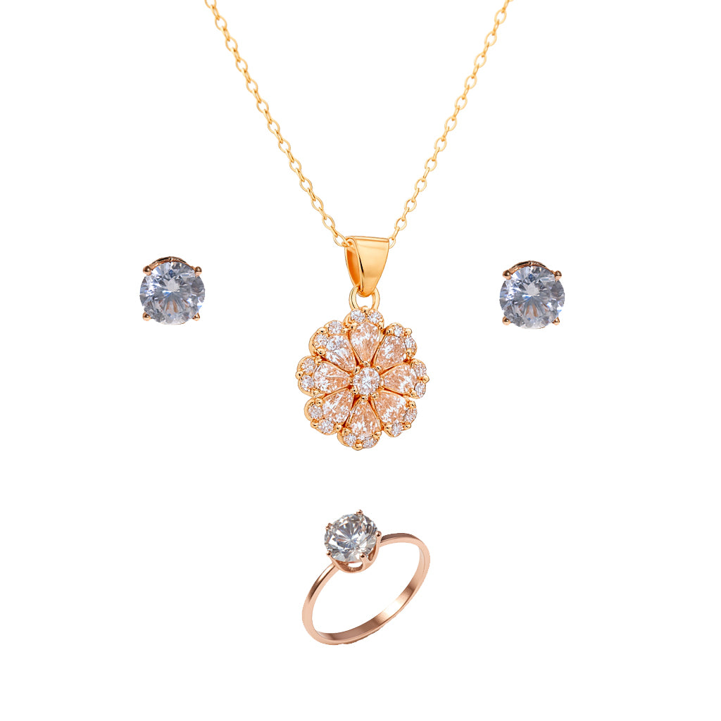 Jewello delicate rose gold-plated floral design with American diamond stud chain pendant set for women and girls.