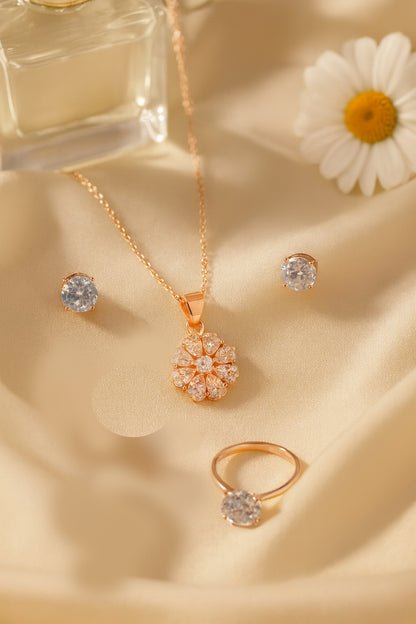 Jewello delicate rose gold-plated floral design with American diamond stud chain pendant set for women and girls.