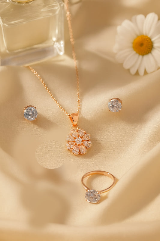 Jewello delicate rose gold-plated floral design with American diamond stud chain pendant set for women and girls.