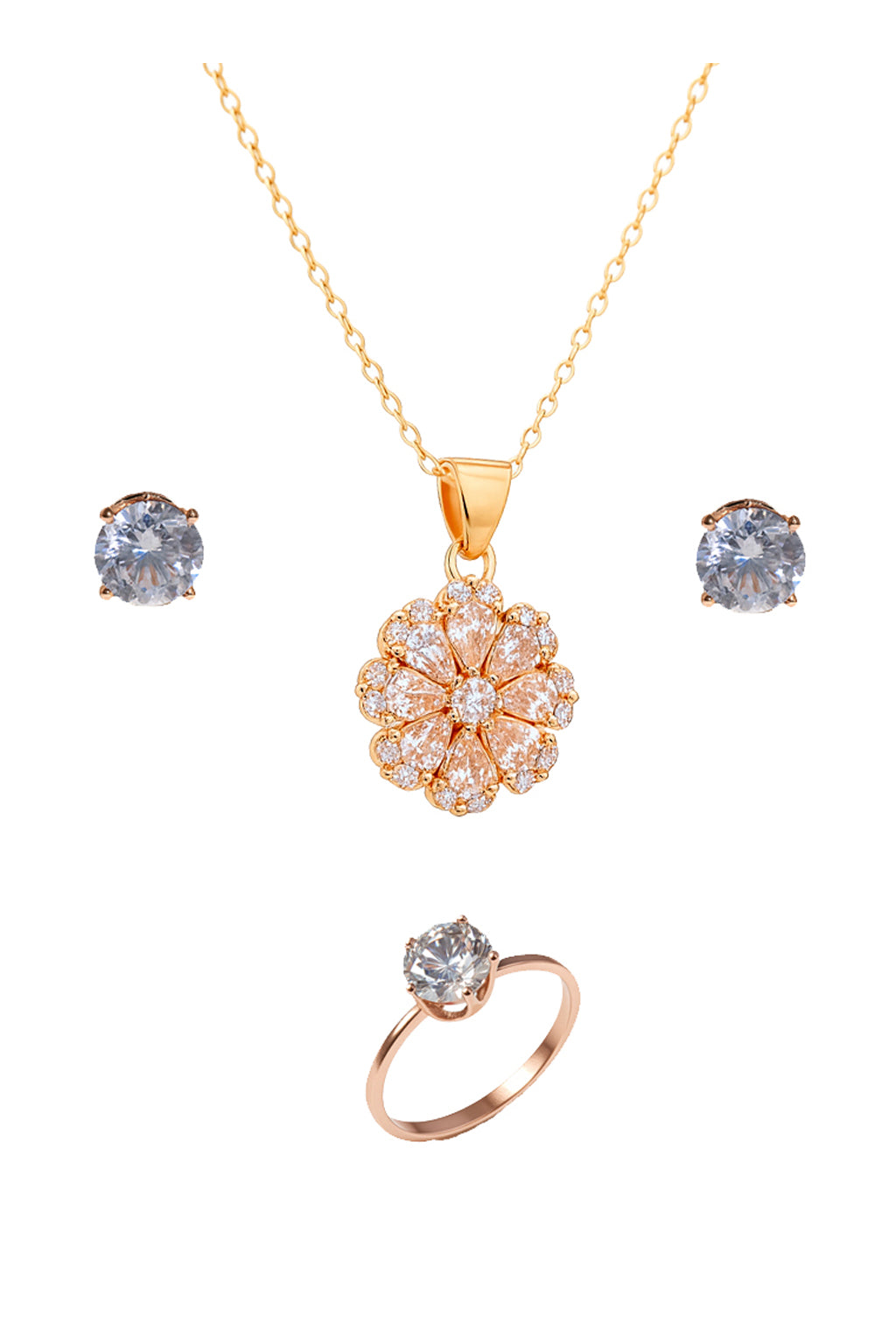 Jewello delicate rose gold-plated floral design with American diamond stud chain pendant set for women and girls.
