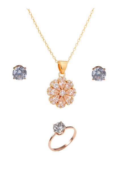 Jewello delicate rose gold-plated floral design with American diamond stud chain pendant set for women and girls.