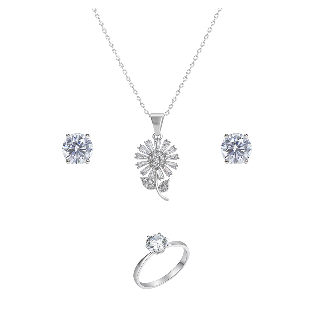 Jewello delicate silver-plated floral design with shimmering white stone stud pendant set for women and girls.