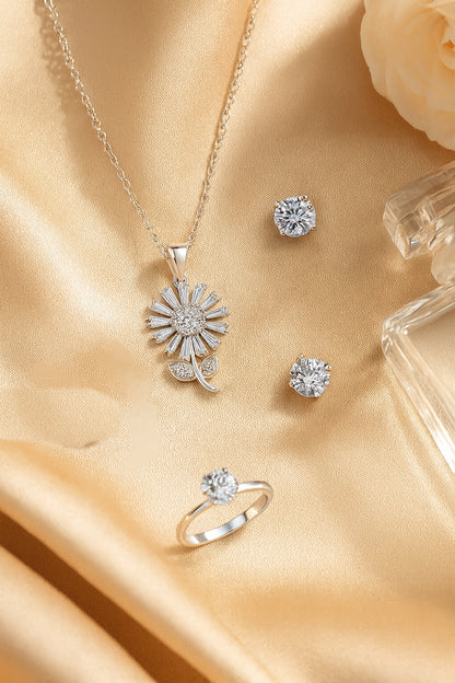 Jewello delicate silver-plated floral design with shimmering white stone stud pendant set for women and girls.