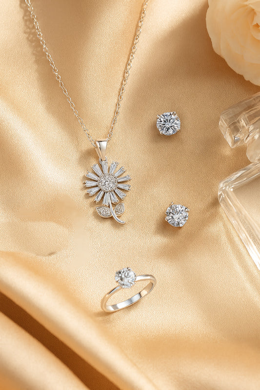 Jewello delicate silver-plated floral design with shimmering white stone stud pendant set for women and girls.