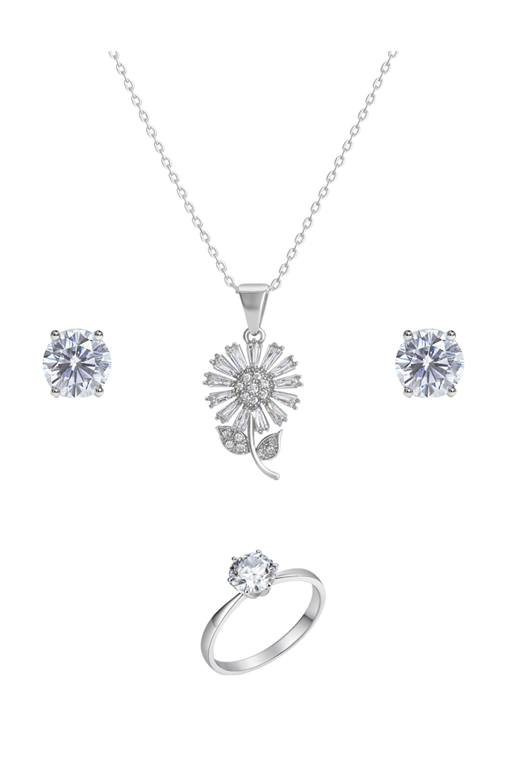 Jewello delicate silver-plated floral design with shimmering white stone stud pendant set for women and girls.