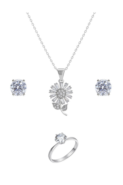 Jewello delicate silver-plated floral design with shimmering white stone stud pendant set for women and girls.