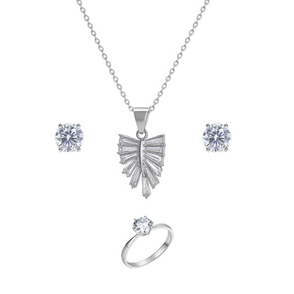 Jewello fancy silver plated leaf design with shimmering white stone stud pendant chain set for women and girls.