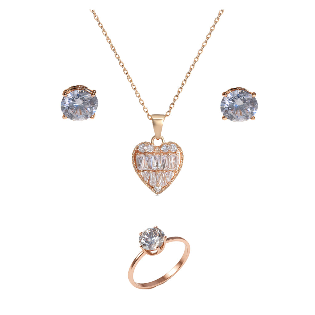 Jewello stylish rose gold-plated heart design with shimmering white stone stud pendant chain set for women and girls.