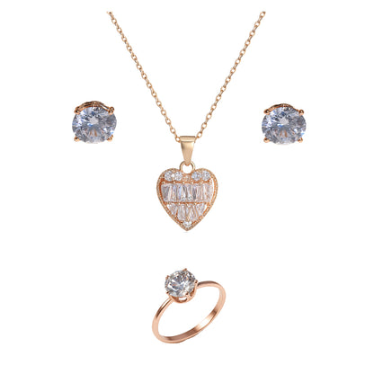 Jewello stylish rose gold-plated heart design with shimmering white stone stud pendant chain set for women and girls.