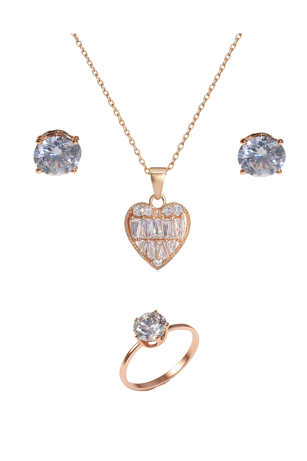Jewello stylish rose gold-plated heart design with shimmering white stone stud pendant chain set for women and girls.