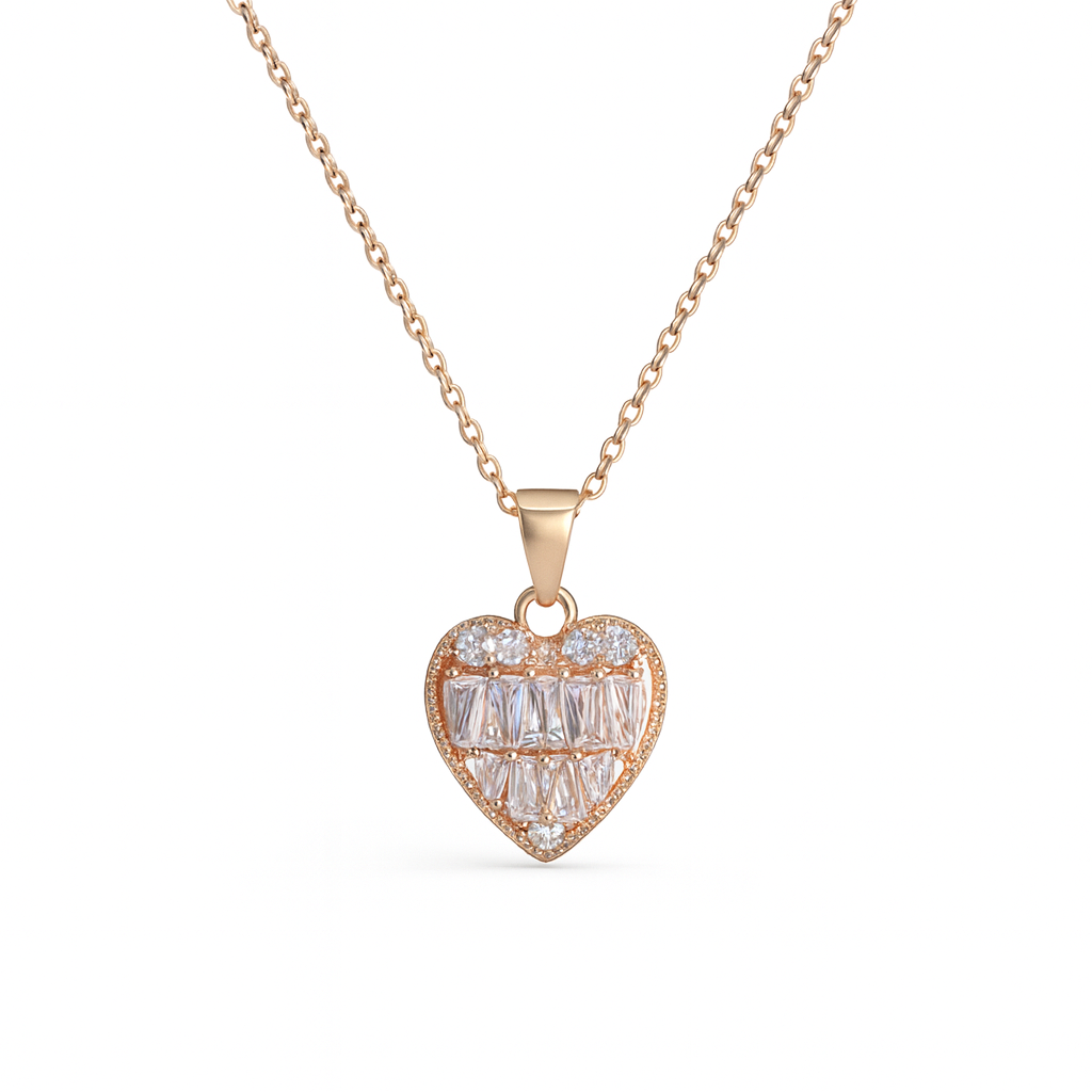 Jewello stylish rose gold-plated heart design with shimmering white stone stud pendant chain set for women and girls.