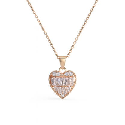 Jewello stylish rose gold-plated heart design with shimmering white stone stud pendant chain set for women and girls.