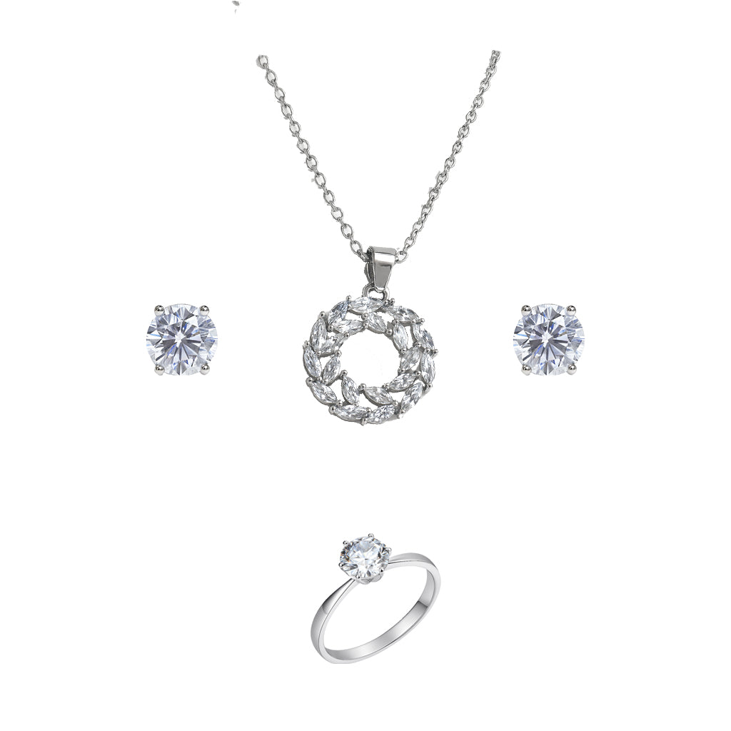 Jewello Adorable silver-plated round design with shimmering white stone stud pendant chain set for women and girls.