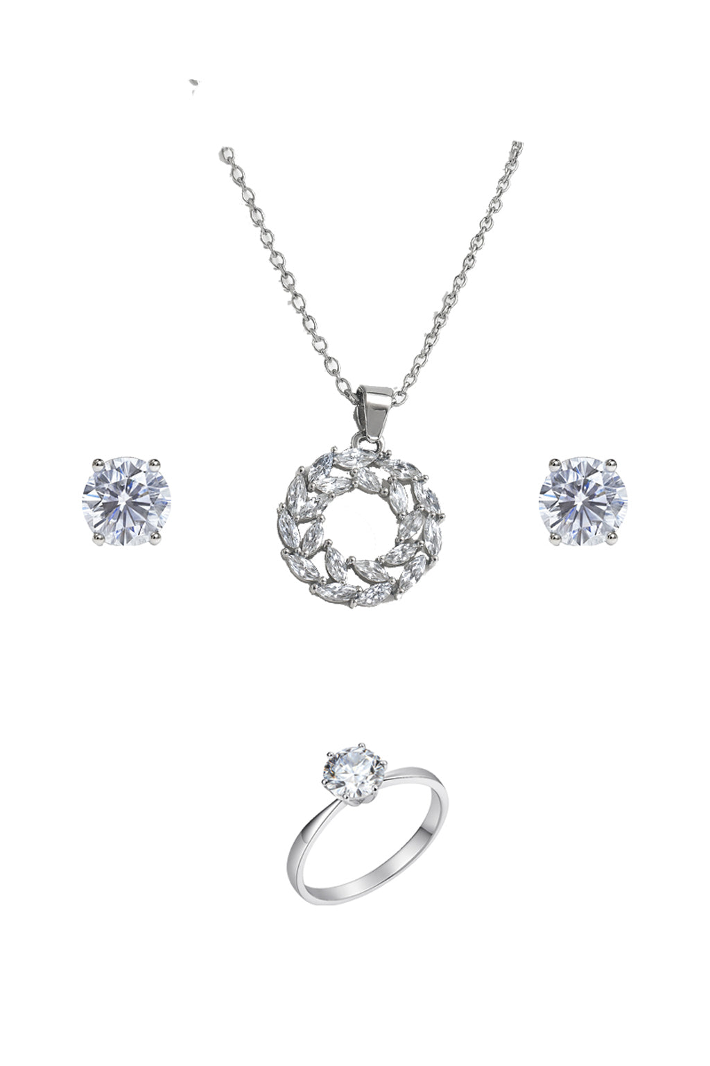 Jewello Adorable silver-plated round design with shimmering white stone stud pendant chain set for women and girls.