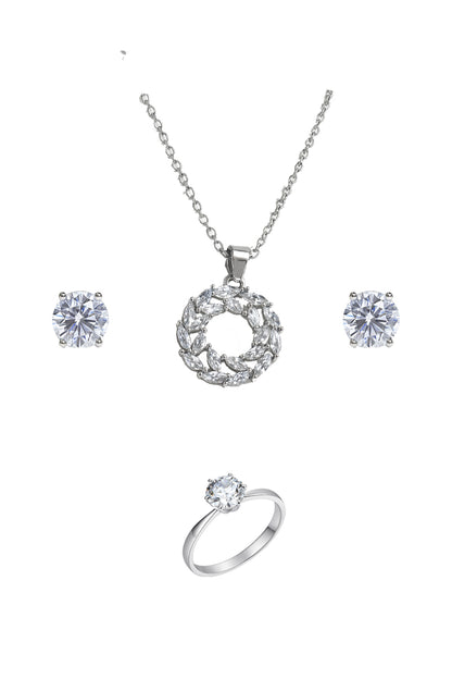 Jewello Adorable silver-plated round design with shimmering white stone stud pendant chain set for women and girls.