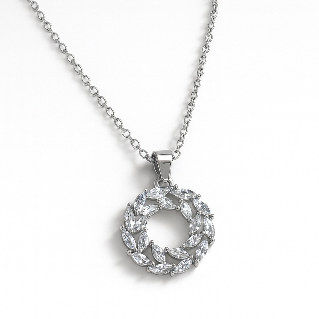 Jewello Adorable silver-plated round design with shimmering white stone stud pendant chain set for women and girls.