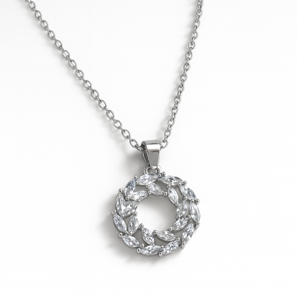 Jewello Adorable silver-plated round design with shimmering white stone stud pendant chain set for women and girls.