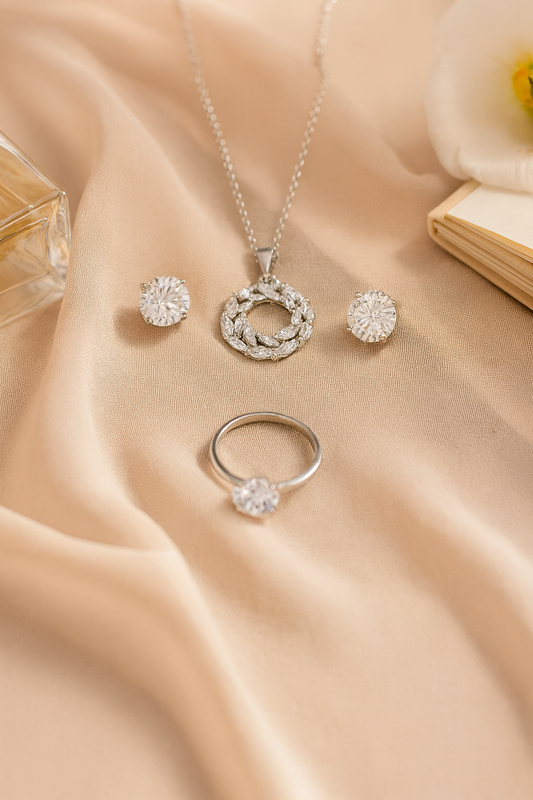 Jewello Adorable silver-plated round design with shimmering white stone stud pendant chain set for women and girls.