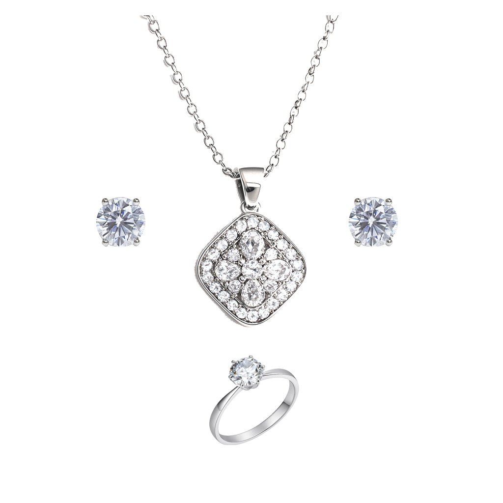 Jewello trendy silver-plated square design with shimmering white stone stud pendant chain set for women and girls.