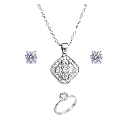 Jewello trendy silver-plated square design with shimmering white stone stud pendant chain set for women and girls.