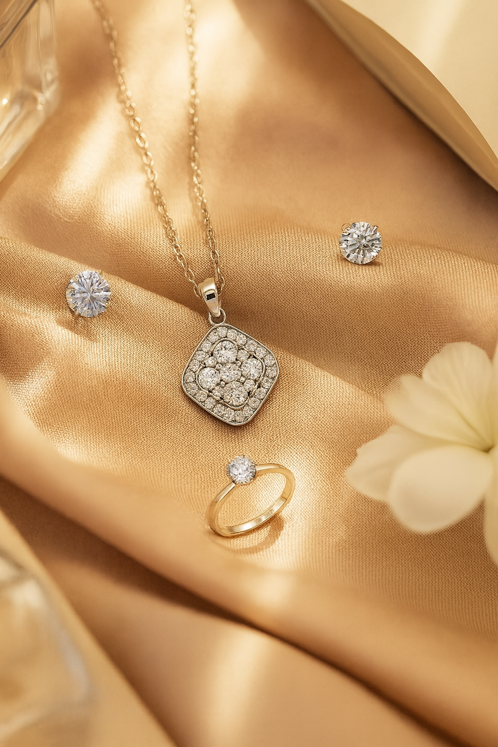 Jewello trendy silver-plated square design with shimmering white stone stud pendant chain set for women and girls.