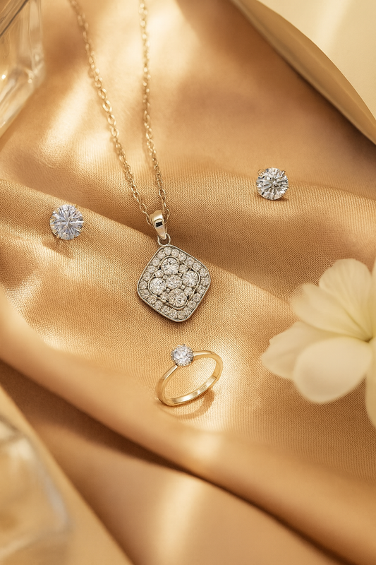 Jewello trendy silver-plated square design with shimmering white stone stud pendant chain set for women and girls.