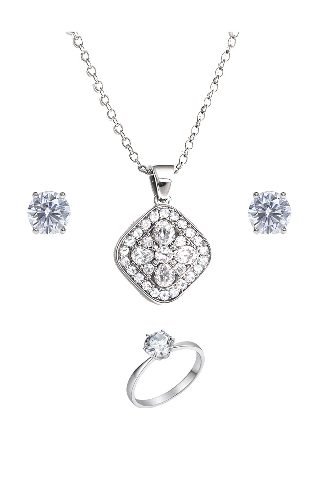 Jewello trendy silver-plated square design with shimmering white stone stud pendant chain set for women and girls.