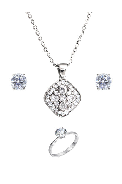 Jewello trendy silver-plated square design with shimmering white stone stud pendant chain set for women and girls.