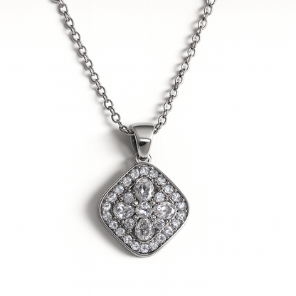 Jewello trendy silver-plated square design with shimmering white stone stud pendant chain set for women and girls.