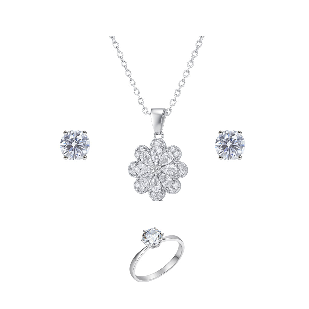 Jewello stylish silver-plated floral design with shimmering stone stud pendant chain set for women and girls.