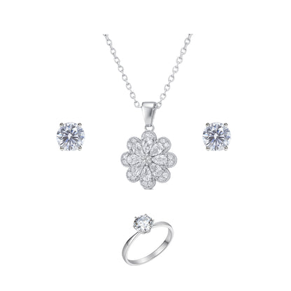 Jewello stylish silver-plated floral design with shimmering stone stud pendant chain set for women and girls.