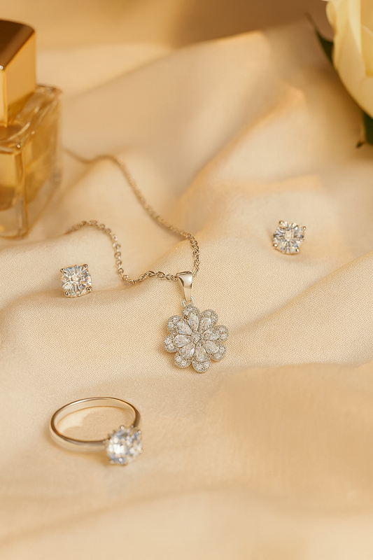 Jewello stylish silver-plated floral design with shimmering stone stud pendant chain set for women and girls.
