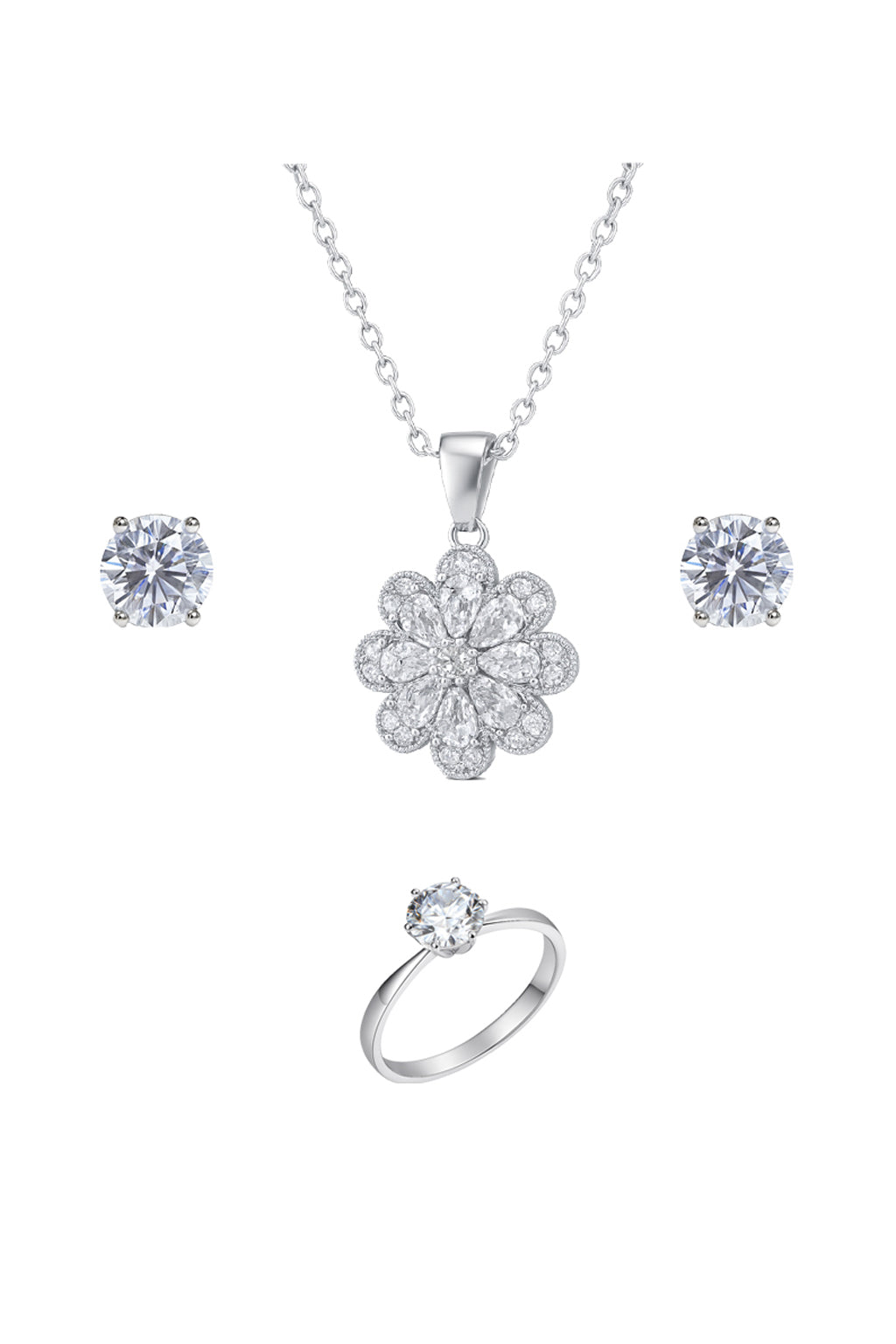 Jewello stylish silver-plated floral design with shimmering stone stud pendant chain set for women and girls.