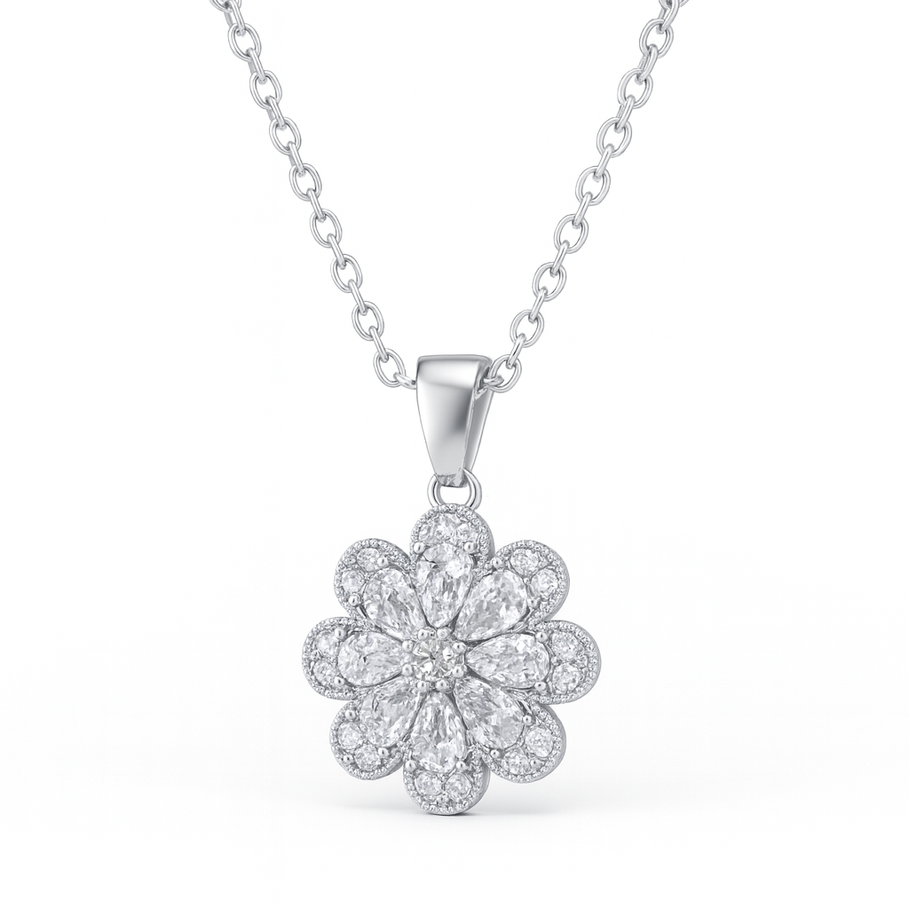 Jewello stylish silver-plated floral design with shimmering stone stud pendant chain set for women and girls.