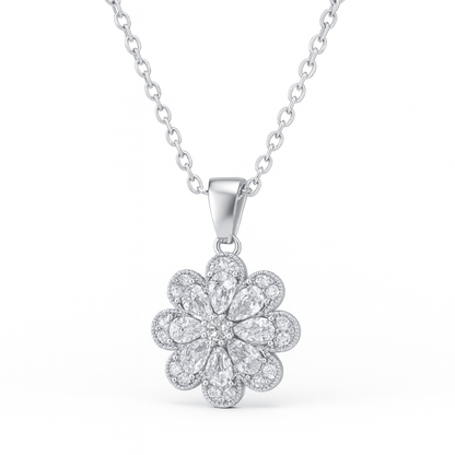 Jewello stylish silver-plated floral design with shimmering stone stud pendant chain set for women and girls.