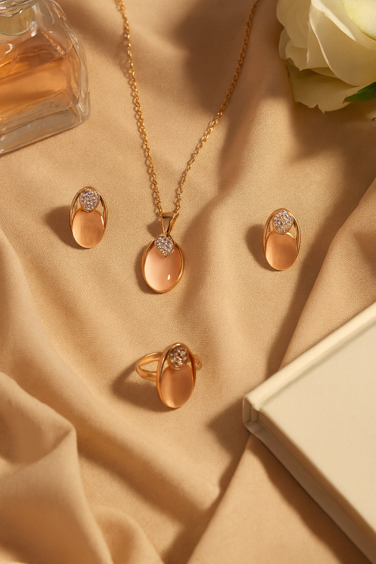 Jewello trendy rose gold plated oval shape design with light white stone stud pendant chain set for women and girls.