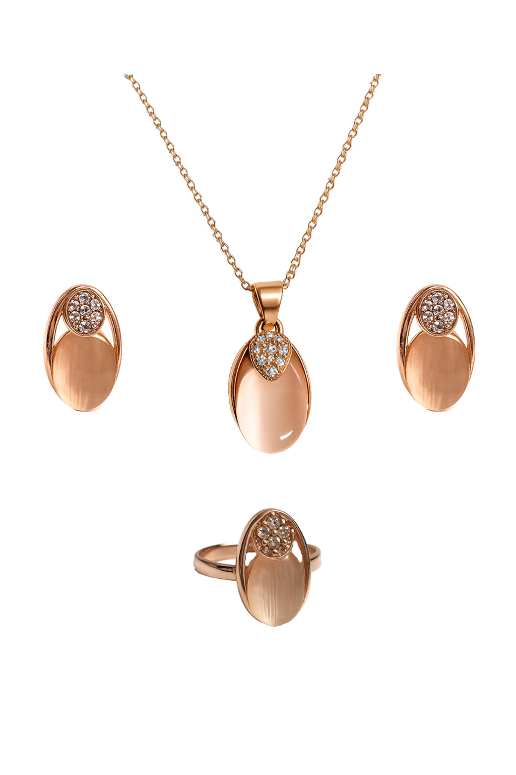 Jewello fancy rose gold plated oval shape design with American diamond stud chain pendant set for women and girls.