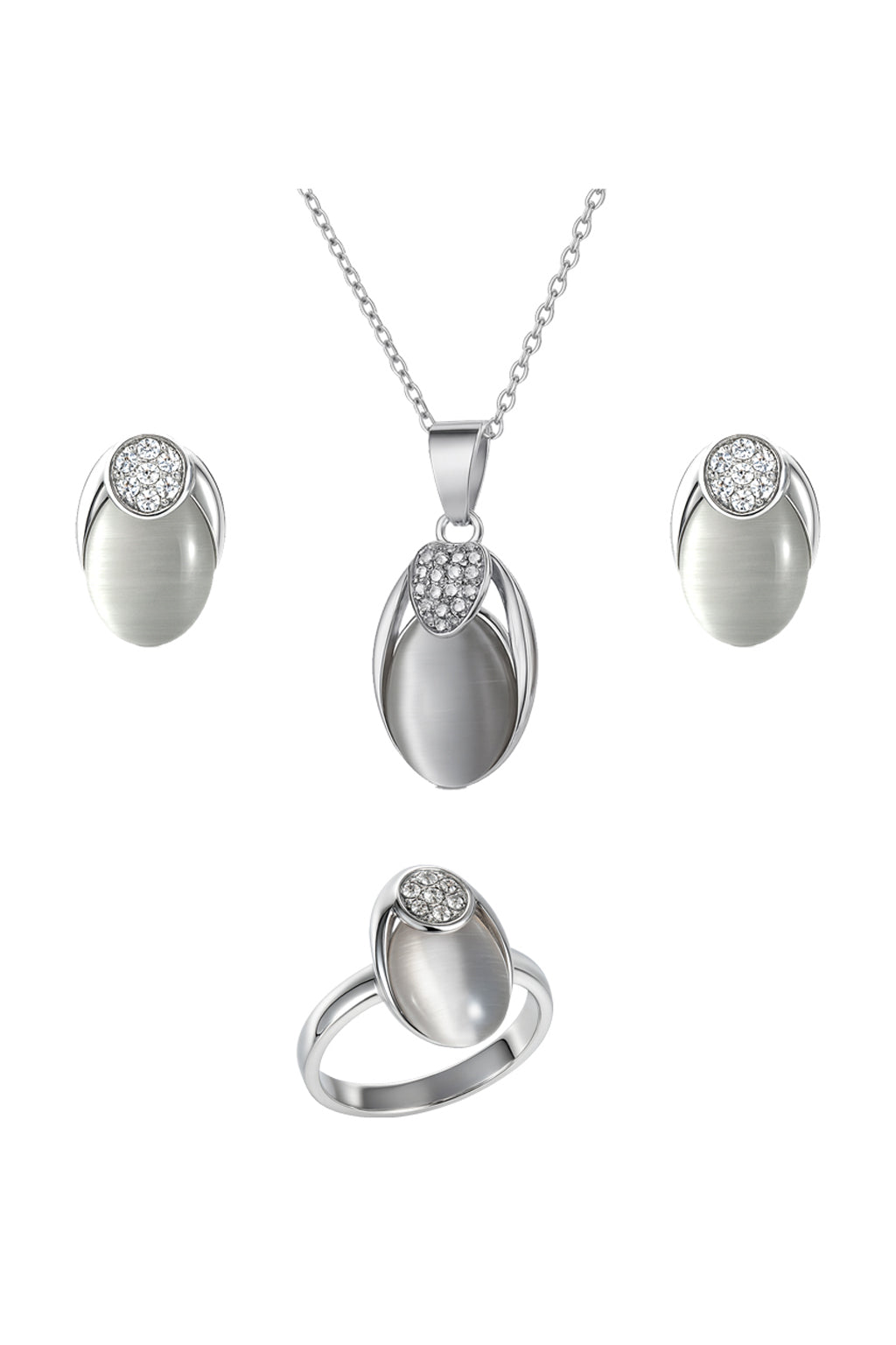 Jewello fashionable silver-plated oval design with shimmering white stone stud chain pendant set for women and girls.