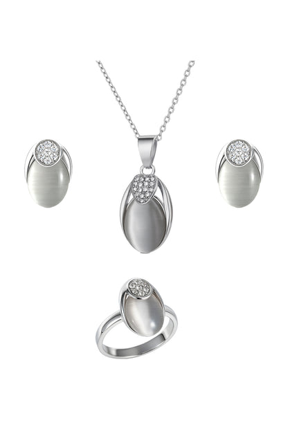 Jewello fashionable silver-plated oval design with shimmering white stone stud chain pendant set for women and girls.